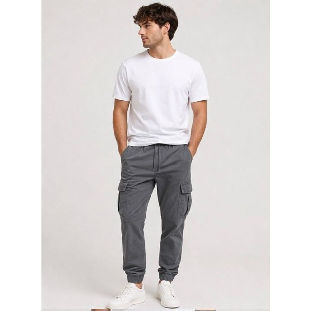 H&M Gray Cargo Jogger Pants Men’s Slim Fit Drawstring Utility Pants Size L